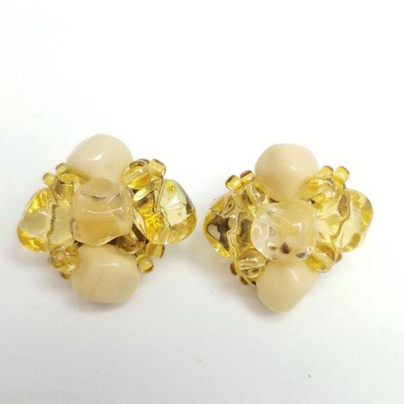 Vintage Yellow Beaded Cluster Clip On Earrings, Bright Retro 70s Style Design - Picture 1 of 6